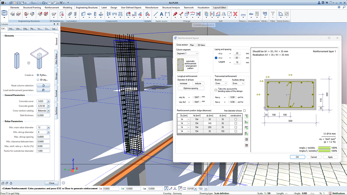 Přehled modelování výztuže sloupů v softwaru ALLPLAN 2025 s detailními parametry výztuže a náhledem 3D modelu konstrukce