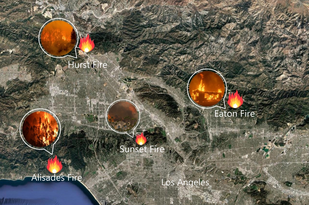 Mapa požárů v Los Angeles