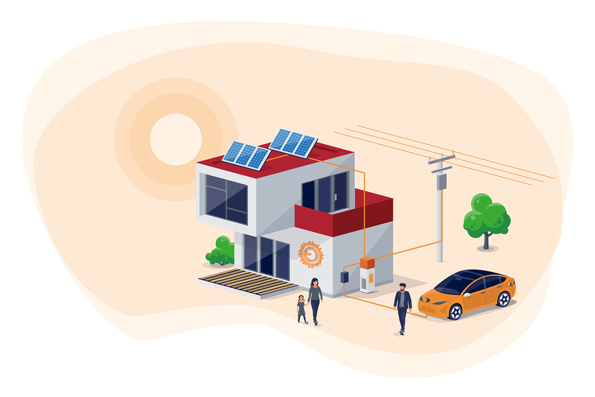 Schéma energeticky úsporného domu s fotovoltaikou – Ilustrace znázorňující propojení solárních panelů, elektrického vytápění a nabíjecí stanice pro elektromobil.